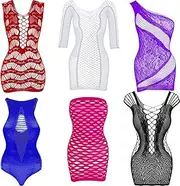 [yoneoisuou] 6 Pieces Women Mesh Lingerie Fishnet Babydoll Mini Dress Mesh Bodysuit Sleepwear