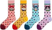 [pants & sox] Cat Face 4 Pairs Crew Colorful Socks Assorted Mix