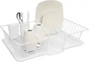 Sweet Home Collection Metal, Plasic 3 Piece Dish Drainer Rack Set with Drying Board and Utensil Holder, 12" x 19" x 5", White