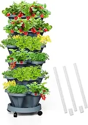 Tectsia Strawberry Vertical Planters Tower Garden, 6 Tiered Stacking Planter with Support Pole, Stackable Herb Vegetable Planters Indoor and Outdoor - Dark Grey