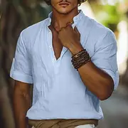 Men's Linen Shirt Band Collar Shirt Popover Shirt Casual Shirt Beach Shirt Plain Vacation Casual White Blue Orange Army Green Long Sleeve Mandarin Collar Summe