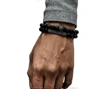 2pcs/set Crown Rectangle Cross Pendant Black Frosted Volcanic Stone Beads Bracelet For Men Charm Punk Jewelry Gift Rhodium Plated