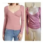 ABOUND Women's Size S Faux Wrap Top Puff Long Sleeve Top Ribbed Mauve Pink NEW