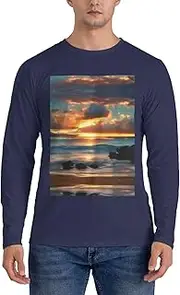 [GaxfjRu] Beach Maui Hawaii Sunset Sea Waves Clouds Print Casual Crewneck Lightweight Sweater Men's Long Sleeve Shirts, Sizes S-3X