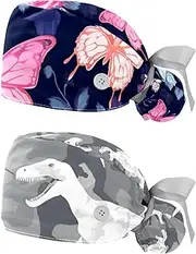 [YTYVAGT] 2-Pc,Nurse Scrub Caps,Scrub Hats with Buttons and Cotton Sweatband,Butterfly Rose Flower