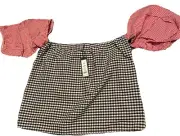 Gingham Top Romeo Juliet Ladies Size Medium Puff Sleeves Blouse Off Shoulder