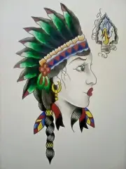 INDIAN WOMAN Painting TATTOO Art EAGLE American Chief Native tribe feathers bird