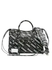 Balenciaga Small Classic City Logo Print Black & White Leather Crossbody Bag