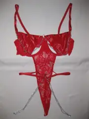 Shein studded faux leather & lace w/chains cutout bodysuit teddy S red cyberpunk