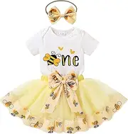 [HAPPYMA] Baby Girls One 1st Birthday Outfit Bee Sunflower Romper Tulle Tutu Skirt Sequin Bow Party Clothes Set