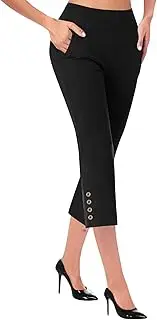 [Generic] Ladies Linen Trousers Black Flared Long Sports Leggings Short Legs Work Palazzo with Pockets Gym for Sweat Wide Leg Petite White Cropped 3/4 Elasticated Waist Pants