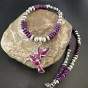 HummingBird Purple Stone Pendant Navajo Sterling Silver Necklace 16762