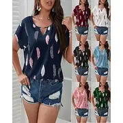 Women's Summer Tops Elegant Vintage Daily Short Sleeve Crew Neck Regular Tops Work Daily Feather Light Blue Black White Navy Blue Summer Spring