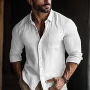 Men's Shirt Linen Shirt Summer Shirt Beach Wear Plain Vacation Casual White Blue Green Khaki Long Sleeve Lapel Spring Summer All Seasons Clothing Apparel Basi