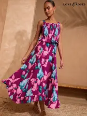 Love & Roses Burgundy Red Printed Midi Sundress (F02274) | $127