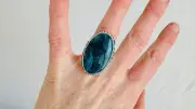 Blue Apatite Cocktail Ring. Oversized Sterling Silver. Botanicals. Size 7.25