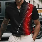 Men's Geometic Line Zip Polo Shirts Short Sleeve Polo Shirts Collared Shirts Business Casual Business Athleisure Wear to work Daily Wear 3D Print Summer Red Bl