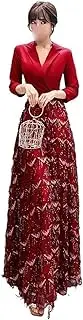 [JYHBHMZG] Burgundy V-Neck Oriental Party Female Sequins Stage Show Tassel Qipao Evening Dress Banquet Dresses