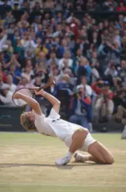 Swedish tennis player Stefan Edberg kneels back on the grass in c - Old Photo 2