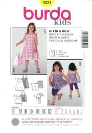 BURDA SEWING PATTERN 9521 GIRLS 2-7 RAISED WAIST DRESS, TOP, LEGGINGS & BAG
