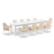 Santorini 3.55m Outdoor Rectangle Aluminium Dining Table with 12 Hugo Rope Chairs White - Cream Rope - Cream