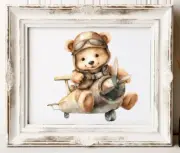 Nursery Wall Art Print, Aviator Bear Kids Room Print, Baby Wall Decor Print #51