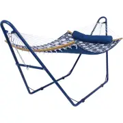 2-Person Quilted Fabric Hammock with Blue Steel Stand - Navy/Gray by Sunnydaze
