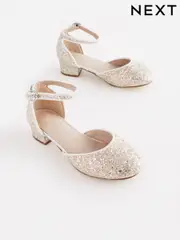 Ivory White Glitter Occasion Ankle Strap Low Heel Shoes (C49199) | $55 - $70