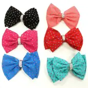 6pc Girl Toddler Kids Silk Dots Rhinestone Hair Bow Clips Hair Clip Pin 5.5" Lot
