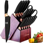 ChefHoablorn Kitchen Knife Set with Block, Professional Stainless 15pcs Knife Sets with Built-in Sharpener，Knives Set with Wooden Block for Chefs Family