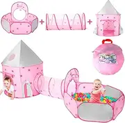 EagleStone 3pc Toddler Pop up Kids Play Tent with Tunnel and Ball Pit for Boys, Girls and Toddlers, Indoor& Outdoor Play House, Perfect Kid's Gifts (Pink)