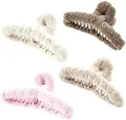 UTSAUTO 4 Pack Fuzzy Hair Claw Clips for Women, Large Non-Slip Strong Large Hair Claw Clips for Women Thick Hair,(Pink+Brown+White+Khaki)