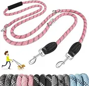 SlowTon Hands Free Dog Leash, 8 in 1 Multifunctional Nylon Double Leash for Dogs Tangle Free Reflective Dog Training Leash Adjustable Waist Dog Leash for Medium Large Dogs Walking Running (Pink)