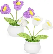 HEATSHAKING 2 Pcs Crochet Flower Ornaments Handmade Knitted Flower Decor for Car Dashboard Office Home Desk Elegant Simulated Bonsai Decoration