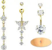 [Diamday] 14G Belly Button Rings Surgical Steel Dangle Gold/Silver Plated Heart Butterfly Belly Button Rings for Women Belly Piercing Pack