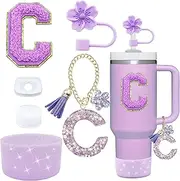 6PCS Cup Accessories Set for Stanley Cup 30oz 40oz Tumbler with Handle, Including Silicone Straw Topper Cover Cap and Boot, Spill Proof Stopper, Handle Charm, Initials Sticker(Purple) (Purple C)