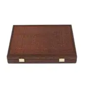 Mahjong tiles set in dark brown straw wooden case