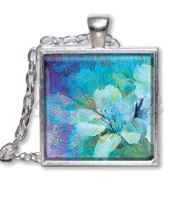 Blue Purple Floral Watercolor Style Handmade SQUARE Glass Pendant Necklace