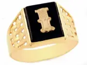10k or 14k Yellow Gold Bold Black Onyx Mens Basket Weave Initial Letter I Ring