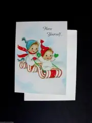 1 VTG Unused Marjorie M. Cooper Xmas Greeting Card Angels & Bird on Snow Sled