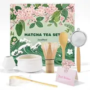JavaNest 7-Piece Matcha Tea Set with Gift Card – 100-Prong Bamboo Whisk, Ceramic Bowl with Spout, Whisk Holder, Scoop, Spoon, Strainer & Scoop Holder – Ideal Gift for Matcha Lovers (White with Bowl)