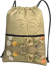 EdWal Starfish With Palm Trees Print Drawstring Backpack Gym Bags Sports Bags With Zipper Pocket For Travel Swimming Beach, Black, One Size