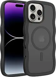 TQLGY for iPhone 14 Pro Max Case, Compatible with MagSafe, Curly Wavy Frame Hard Translucent Matte Back Slim Shockproof Phone Cover, Black