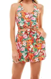 Lily Rose Set Tie-Front Cropped Halter Top Red Floral & Short Juniors Medium