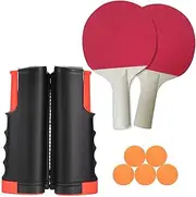 Portable Table Tennis Racquet Set, Include 1 Retractable Table Tennis Net + 5 Ping Pong Balls + 2 Table Tennis Bats, Easy to Install Retractable Net Post, Ping Pong Equipment for Anywhere