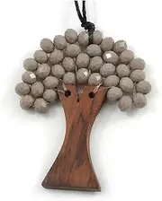 [Avalaya] Grey Coloured Glass Bead/Brown Wood Tree Of Life Pendant with Black Cotton Cord - 76cm L, One Size, cords Glass Wood