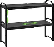 Expandable Kitchen Storage & Organisation, Stackable Shelves Organizer for Kitchen Cabinet Countertop Storage, Adjustable Height Pantry Shelf Spice Rack Stand (Black, 2 Pack)