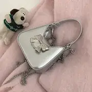 Top Handle Bow Faux Leather Sling Bag Silver - S