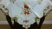 White Polyester Embroidered Christmas Red Poinsettia 33" Square Tablecloth Decor
