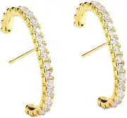 [204Dealnow] 14K Gold Plated 925 Sterling Silver Paved Gemstone Post Minimalist Suspender Curved Ear Cuff Earring Wrap Earlobe Studs For Women Gift Anniversary, Birthday, Christmas, Wedding